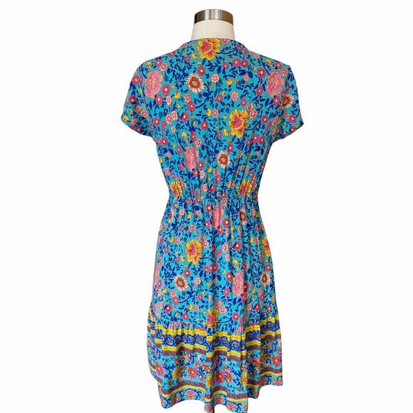 Mini Dress Boho Exotic Print Spell Inspired Blue Cotton Short Sleeves Medium EUC - Picture 10 of 11